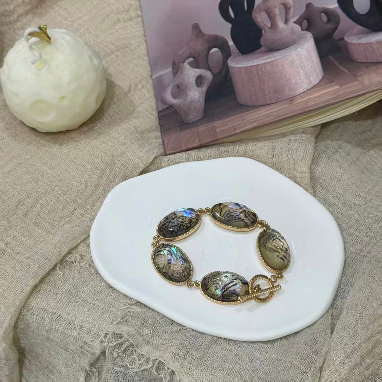 Abalone Shell Faceted Resin Bracelet, Natural Iridescent Ocean Glow Handmade Inlaid Bracelet,  Fashion Ocean Jewelry