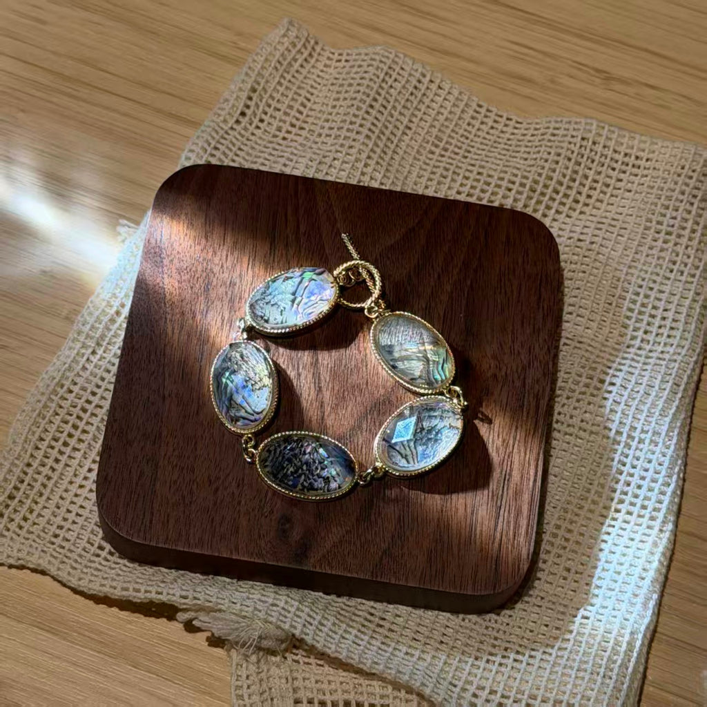 Abalone Shell Faceted Resin Bracelet, Natural Iridescent Ocean Glow Handmade Inlaid Bracelet,  Fashion Ocean Jewelry