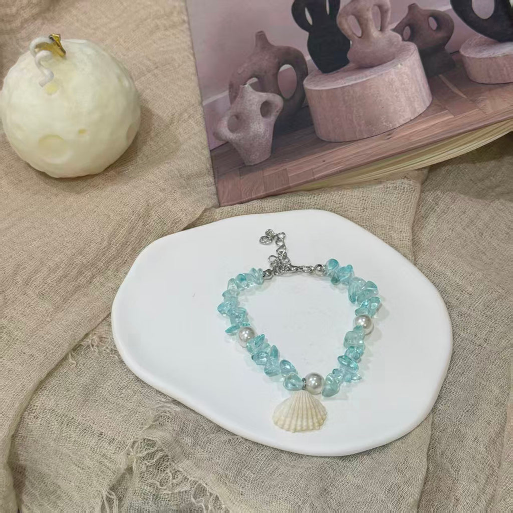 Seashell Starfish Bracelet, Natural Stone Beaded Bangle for Women - Niche Coastal Beach Accessory