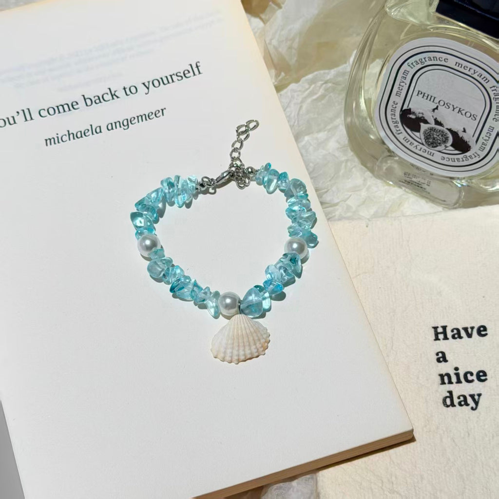 Seashell Starfish Bracelet, Natural Stone Beaded Bangle for Women - Niche Coastal Beach Accessory