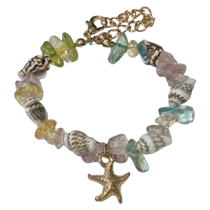 Bohemian Conch Seed Bead Turquoise Bracelet, Beach Starfish Pendant Shell Crystal Bead Bangle
