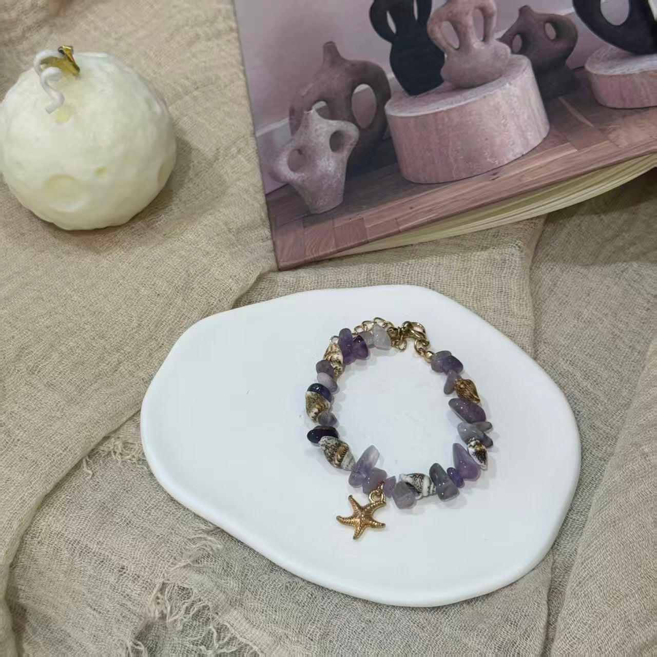 Bohemian Conch Seed Bead Turquoise Bracelet, Beach Starfish Pendant Shell Crystal Bead Bangle