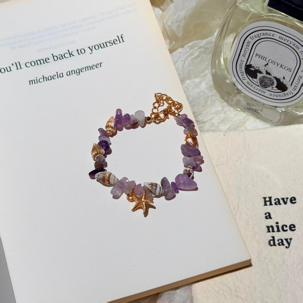 Bohemian Conch Seed Bead Turquoise Bracelet, Beach Starfish Pendant Shell Crystal Bead Bangle