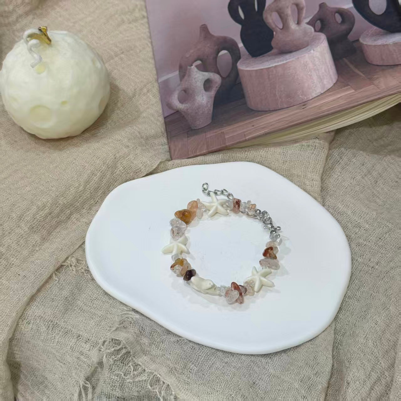 Coastal Vibes Seashell Starfish Bracelet Natural Stone Conch Beaded Bangle