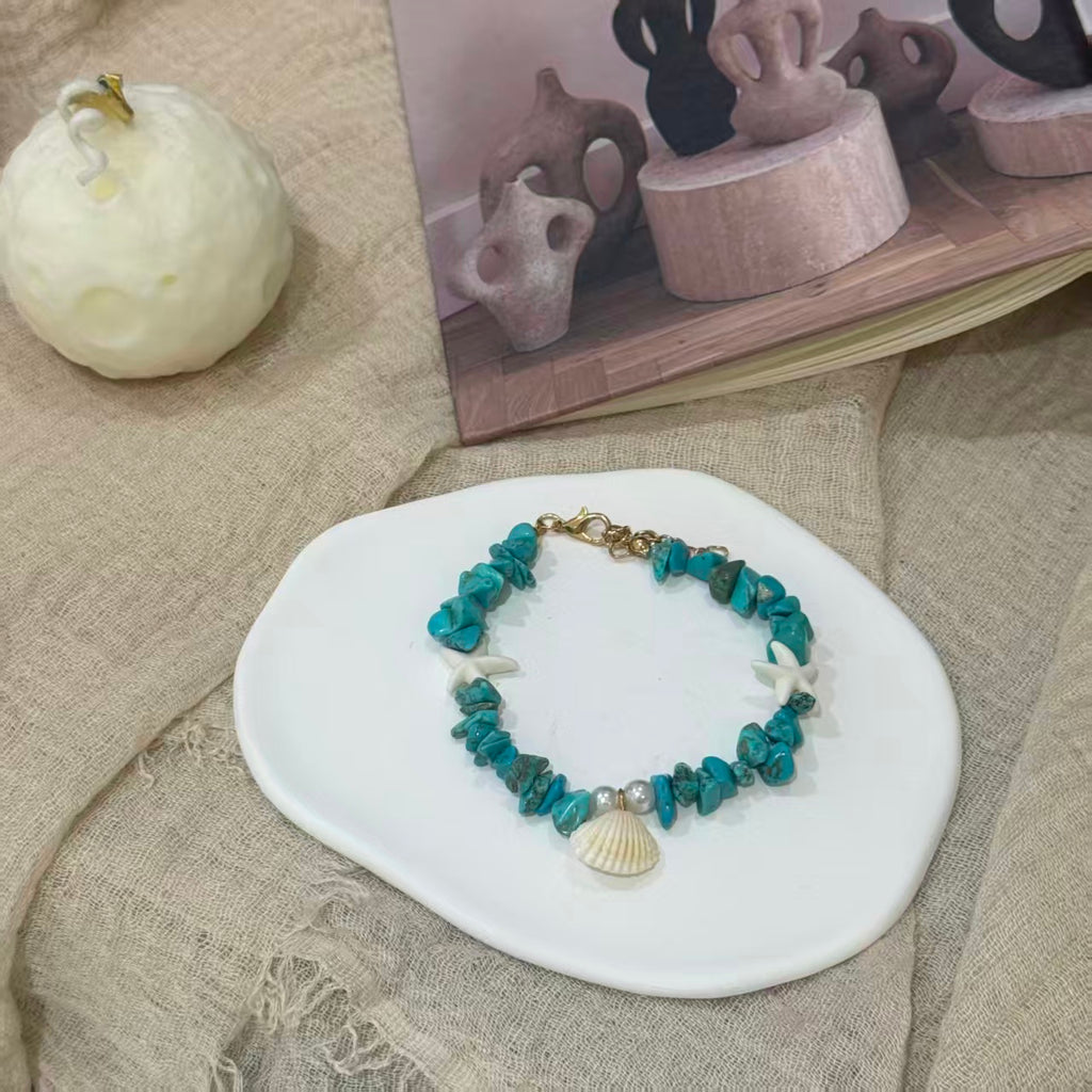 Coastal Vibes Seashell Starfish Bracelet Natural Stone Conch Beaded Bangle