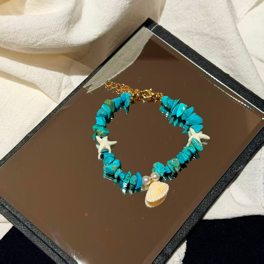 Coastal Vibes Seashell Starfish Bracelet Natural Stone Conch Beaded Bangle