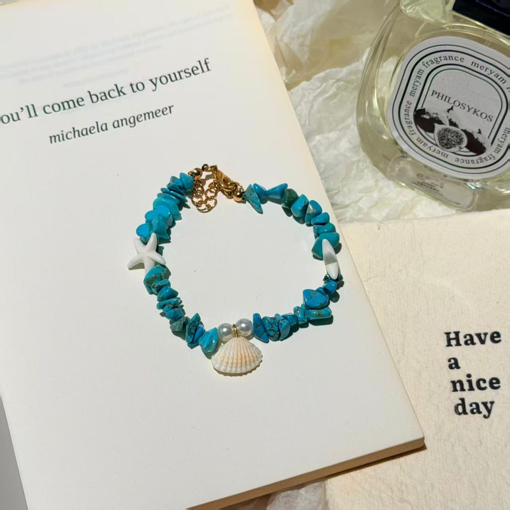 Coastal Vibes Seashell Starfish Bracelet Natural Stone Conch Beaded Bangle