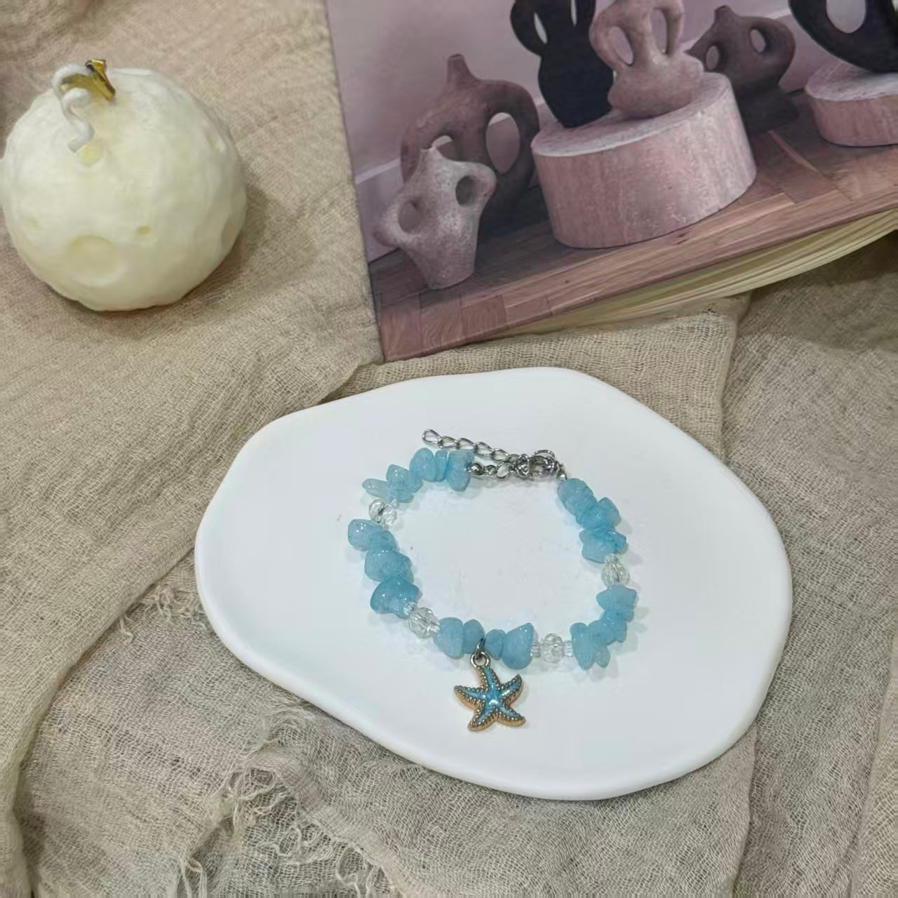 Bohemian Conch Seed Bead Turquoise Bracelet, Beach Starfish Pendant Shell Crystal Bead Bangle