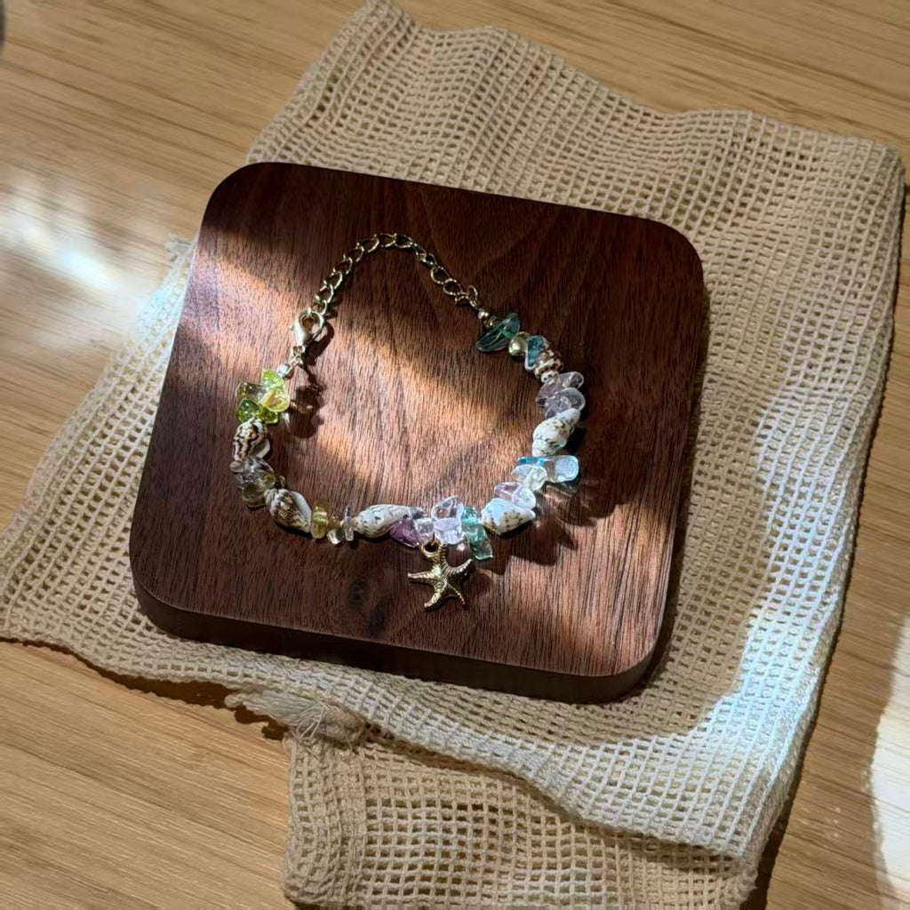 Bohemian Conch Seed Bead Turquoise Bracelet, Beach Starfish Pendant Shell Crystal Bead Bangle