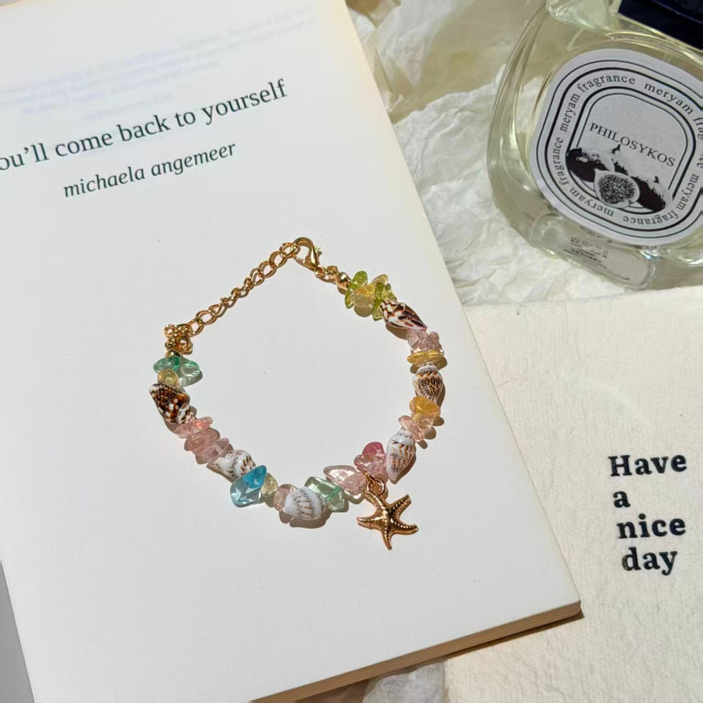 Bohemian Conch Seed Bead Turquoise Bracelet, Beach Starfish Pendant Shell Crystal Bead Bangle