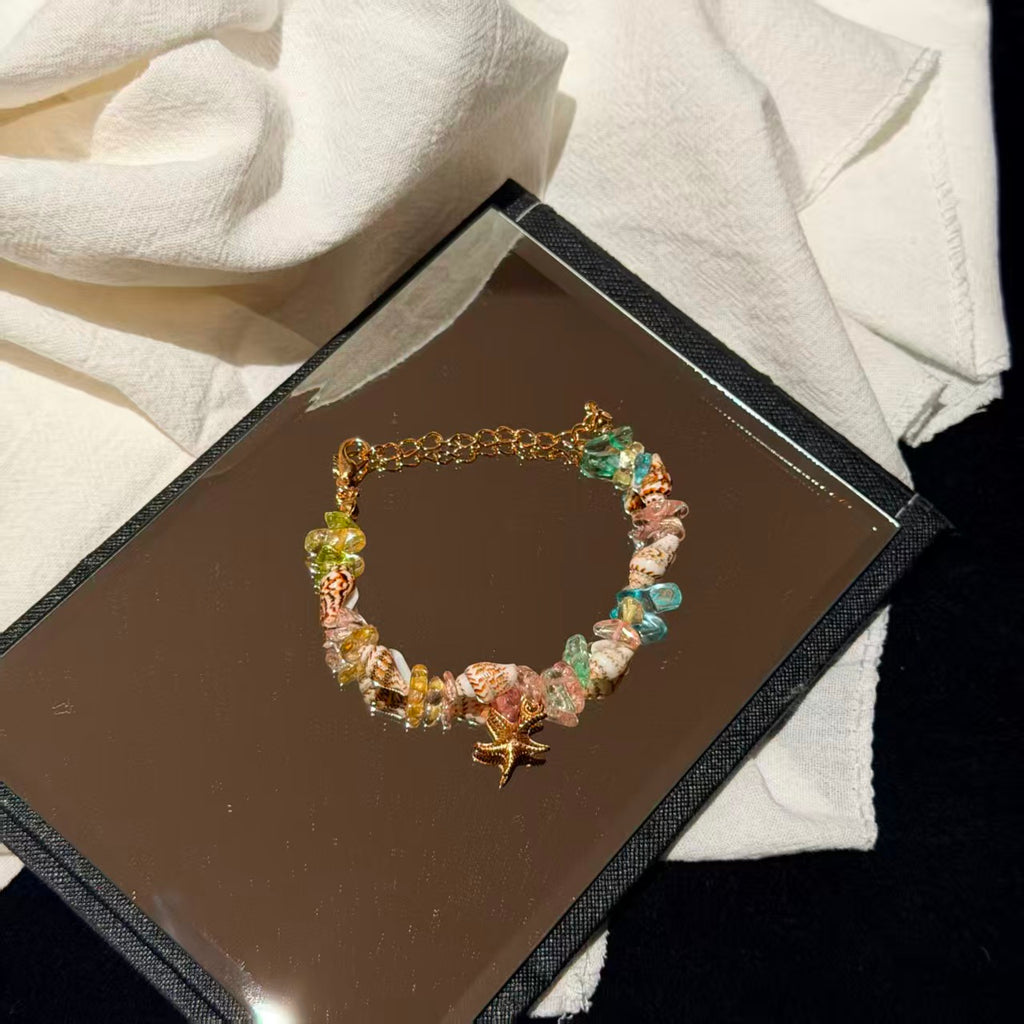 Bohemian Conch Seed Bead Turquoise Bracelet, Beach Starfish Pendant Shell Crystal Bead Bangle