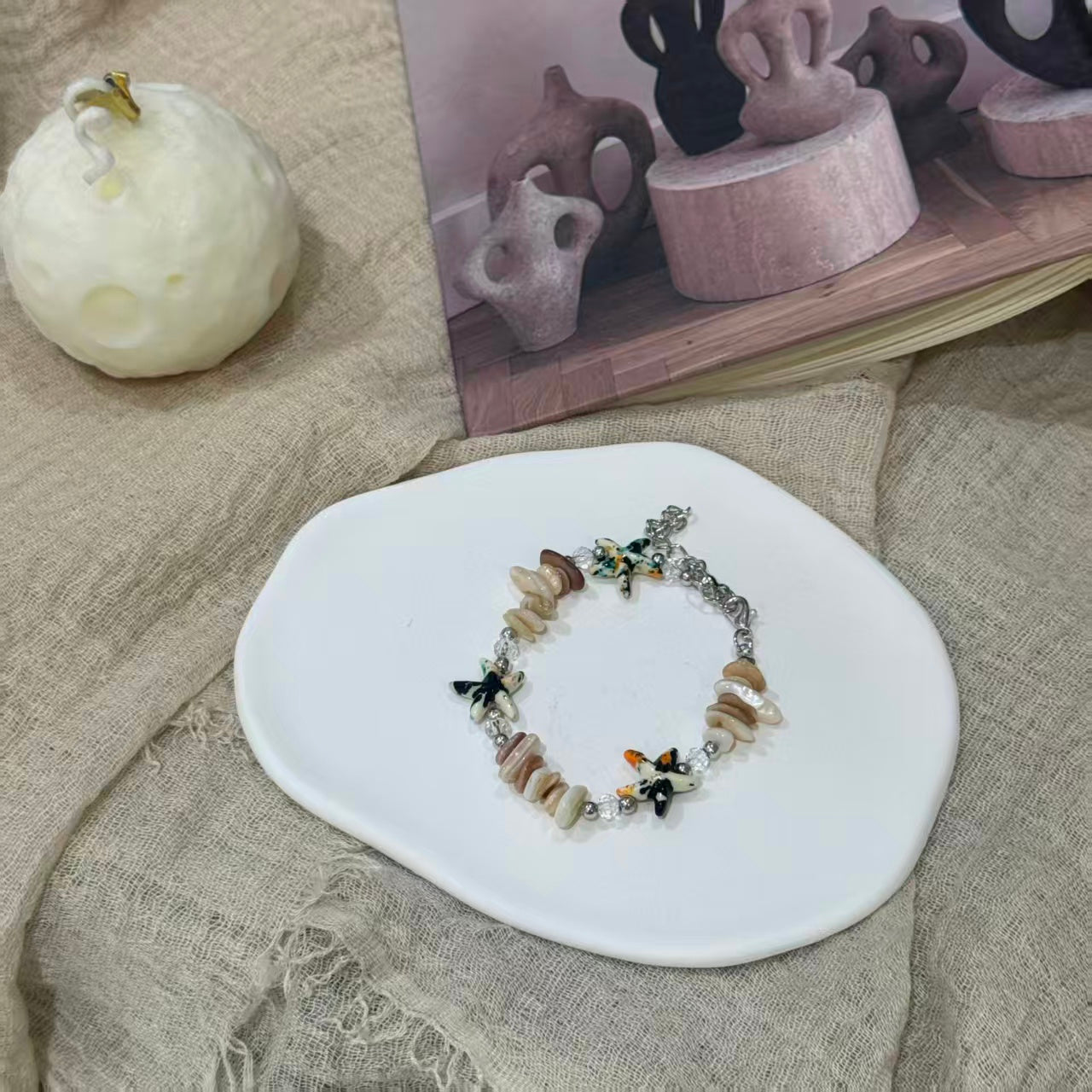 Coastal Vibes Seashell Starfish Bracelet Natural Stone Conch Beaded Bangle