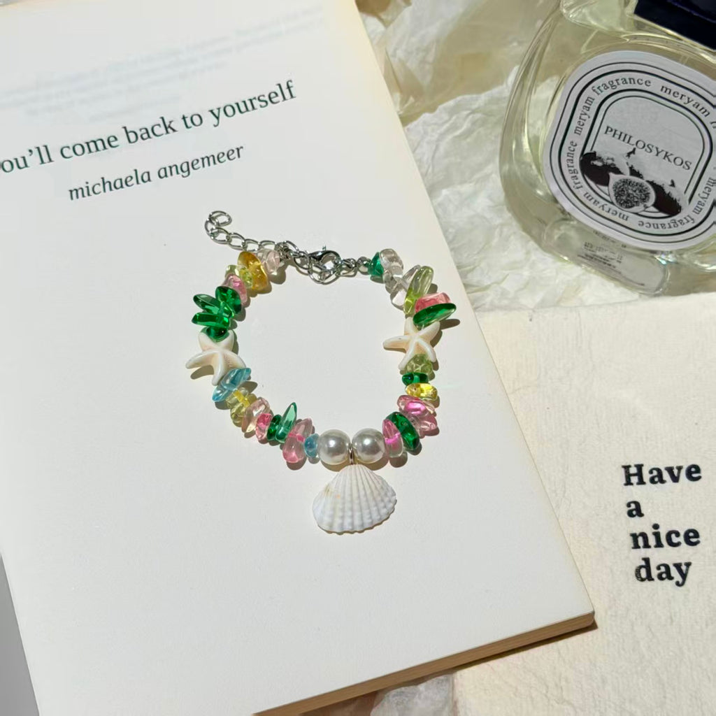 Coastal Vibes Seashell Starfish Bracelet Natural Stone Conch Beaded Bangle