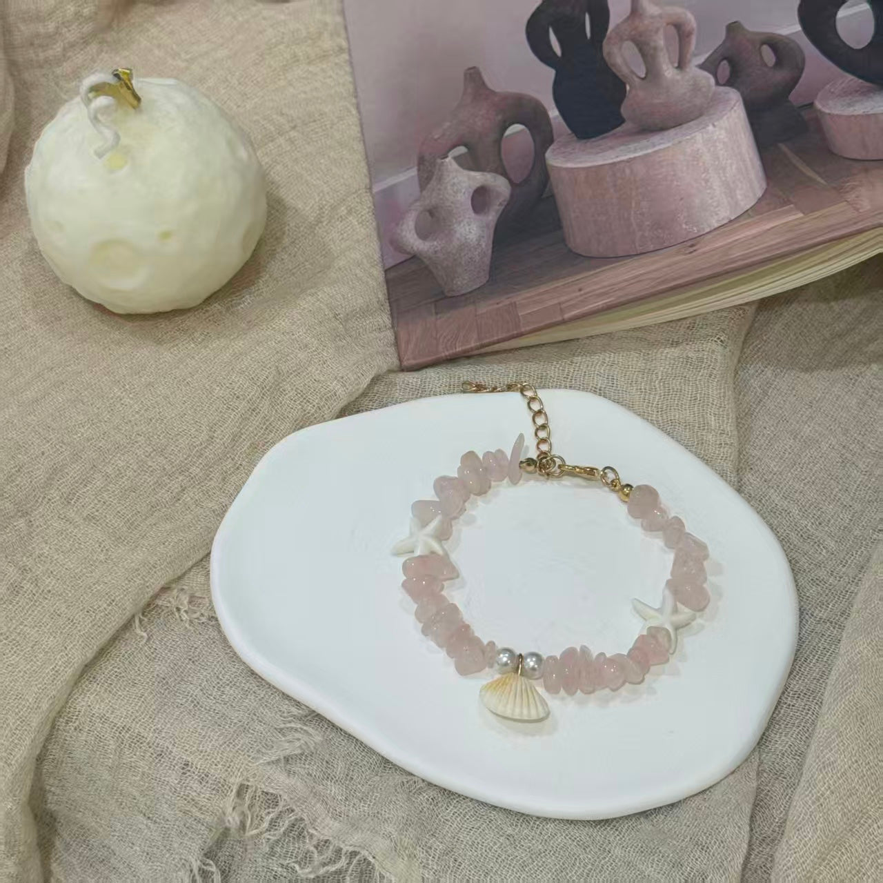 Coastal Vibes Seashell Starfish Bracelet Natural Stone Conch Beaded Bangle