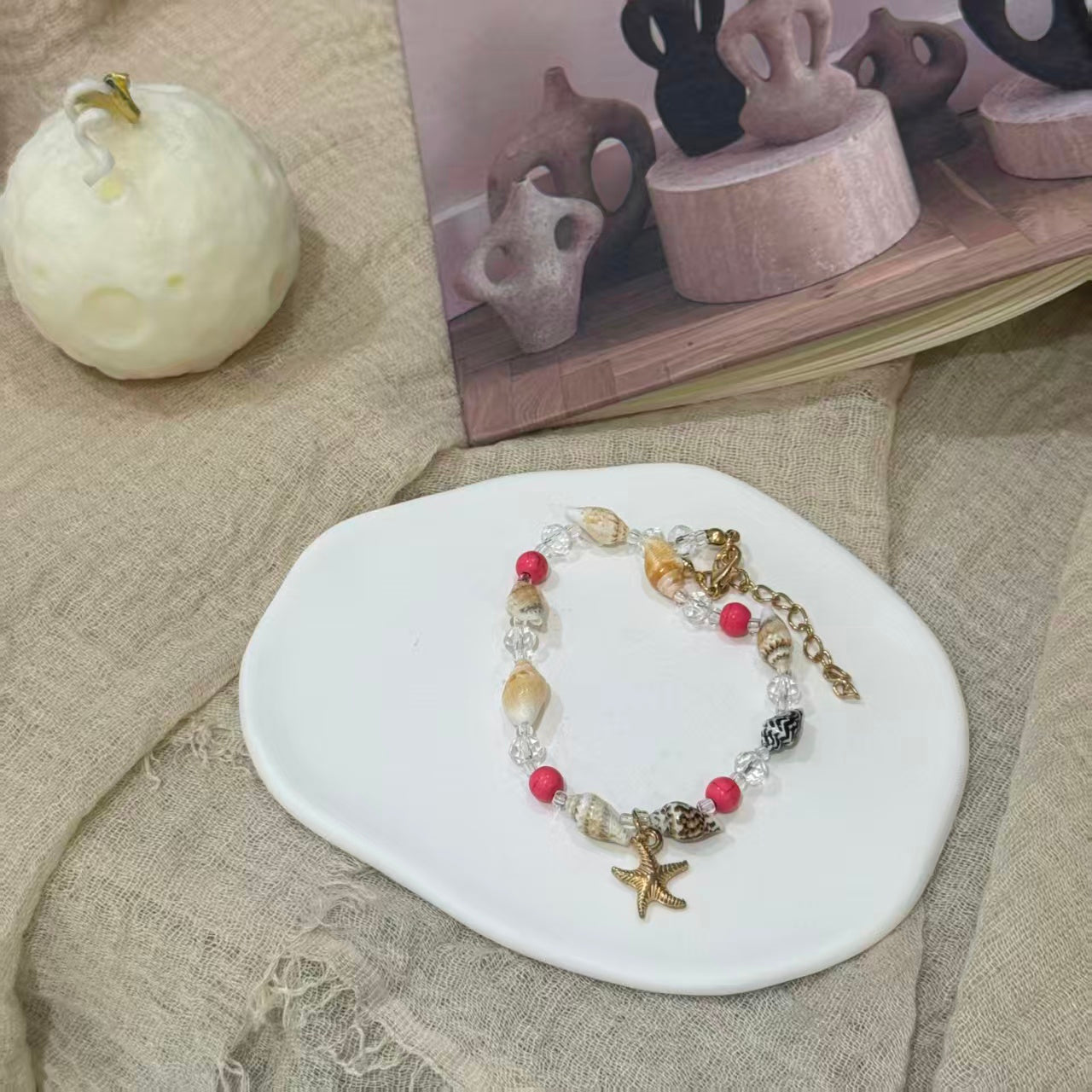 Bohemian Conch Seed Bead Turquoise Bracelet, Beach Starfish Pendant Shell Crystal Bead Bangle