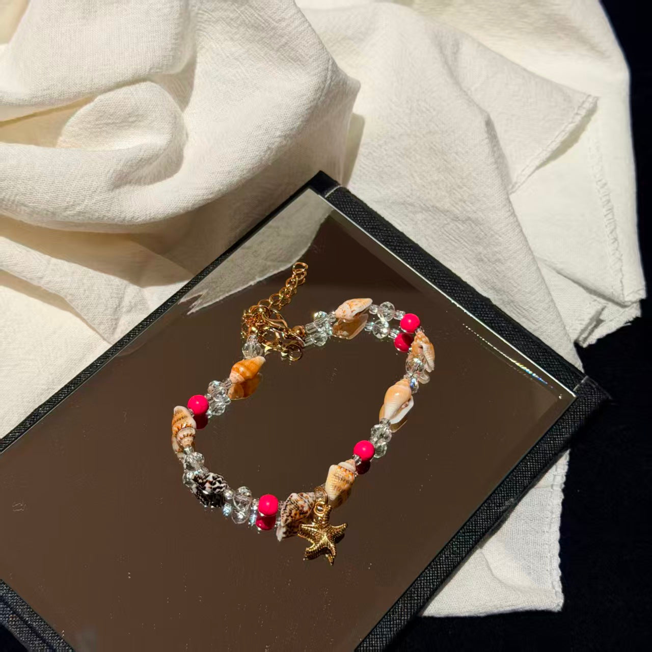 Bohemian Conch Seed Bead Turquoise Bracelet, Beach Starfish Pendant Shell Crystal Bead Bangle