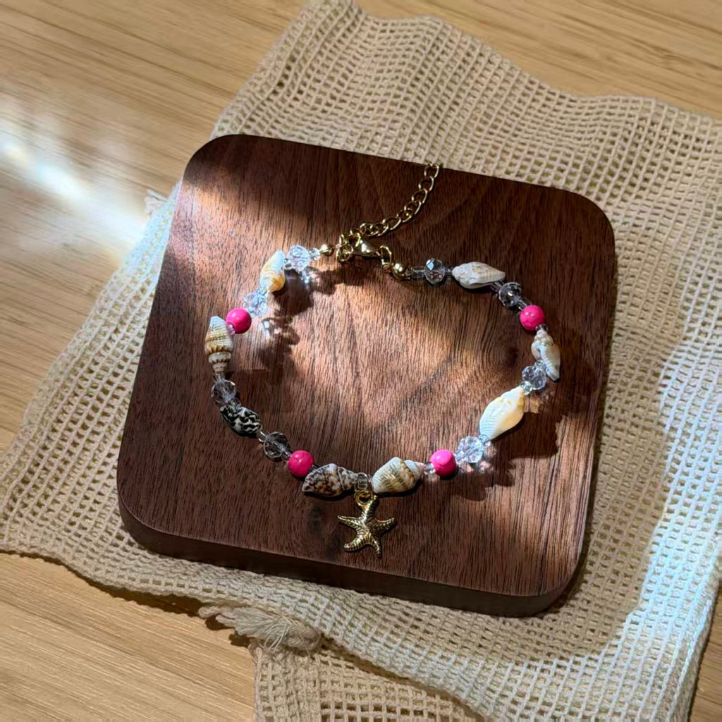 Bohemian Conch Seed Bead Turquoise Bracelet, Beach Starfish Pendant Shell Crystal Bead Bangle