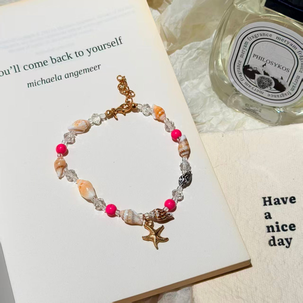 Bohemian Conch Seed Bead Turquoise Bracelet, Beach Starfish Pendant Shell Crystal Bead Bangle