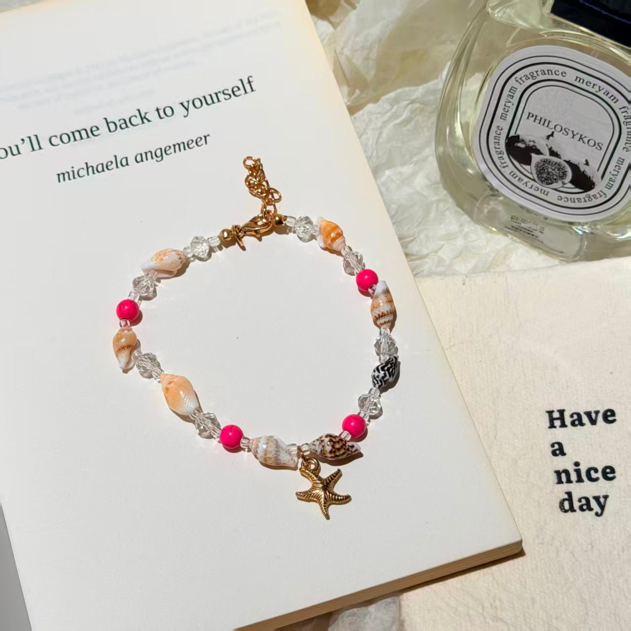 Bohemian Conch Seed Bead Turquoise Bracelet, Beach Starfish Pendant Shell Crystal Bead Bangle